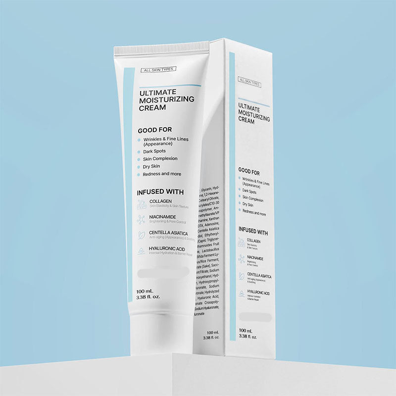Ultimate Moisturizing Cream tube and box with collagen, niacinamide, and hyaluronic acid