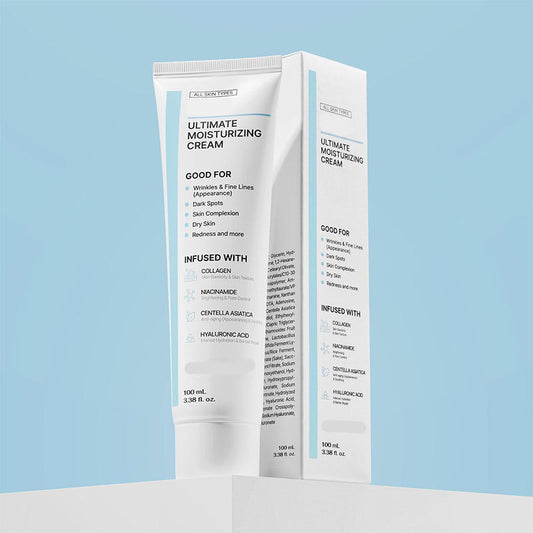 Ultimate Moisturizing Cream tube and box with collagen, niacinamide, and hyaluronic acid
