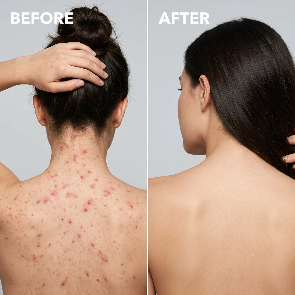 Before and after back acne comparison showing clear skin results