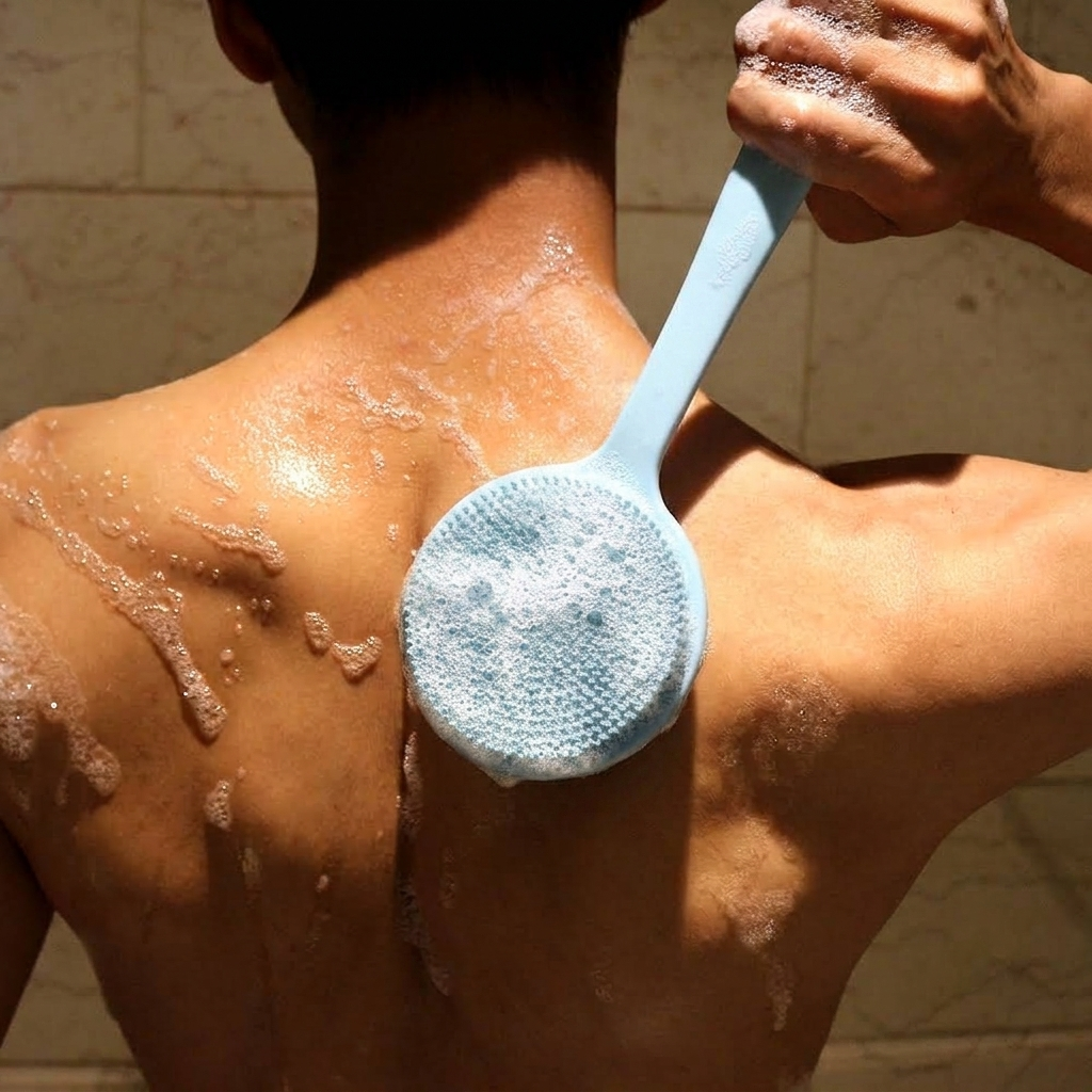 Person scrubbing soapy lather onto their back with the blue silicone back massage brush