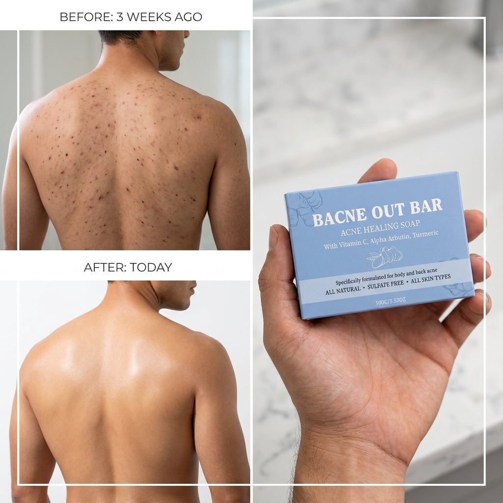 Before and after back acne comparison after 3 weeks next to Bacne Out Bar box