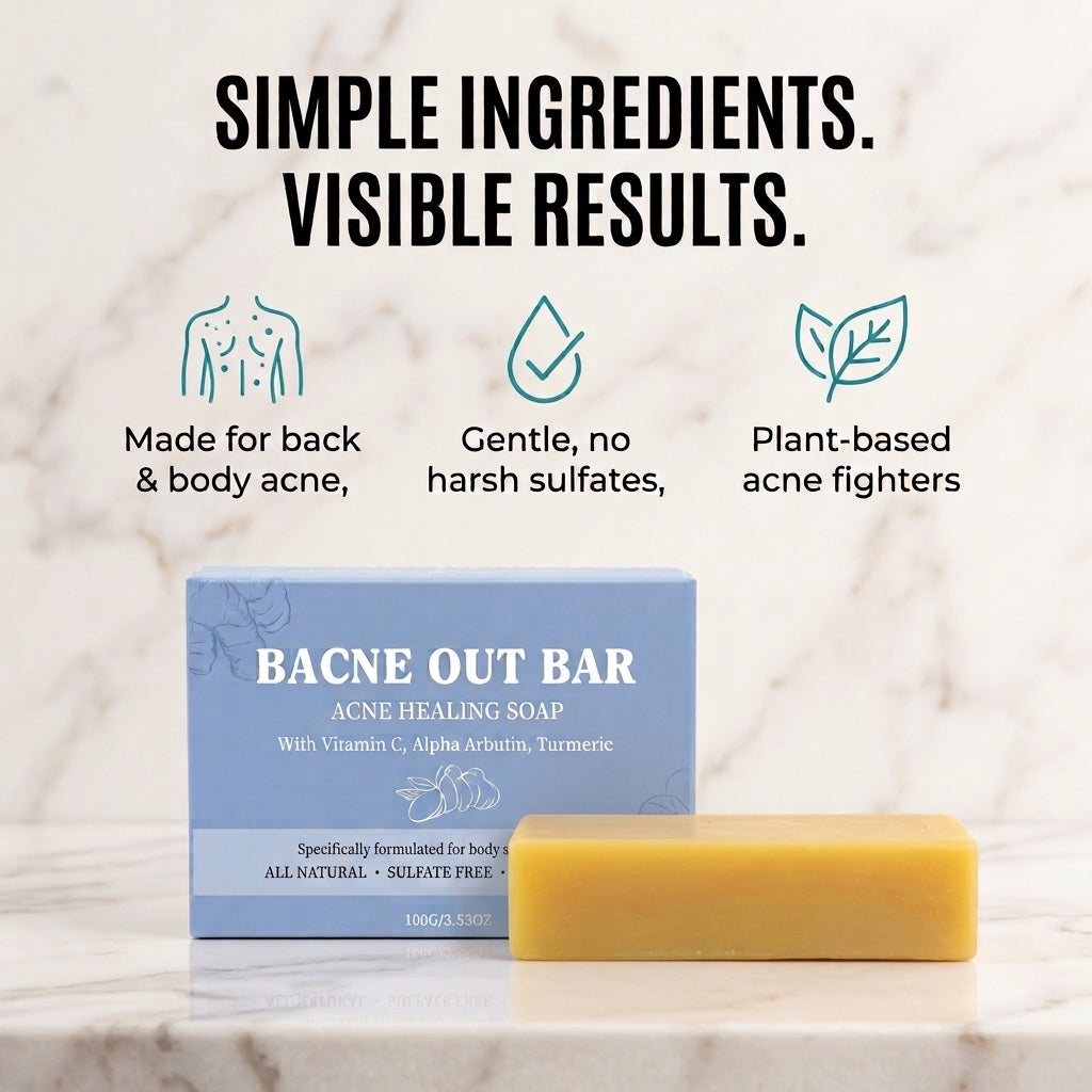 Bacne Out Bar turmeric soap bar next to its packaging box on a marble counter