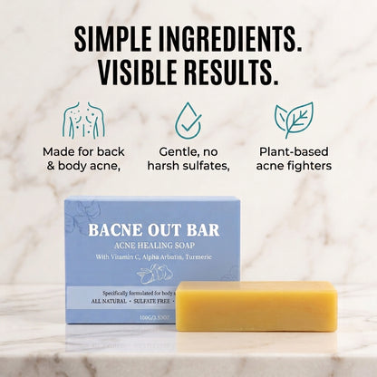 Bacne Out Bar turmeric soap bar next to its packaging box on a marble counter