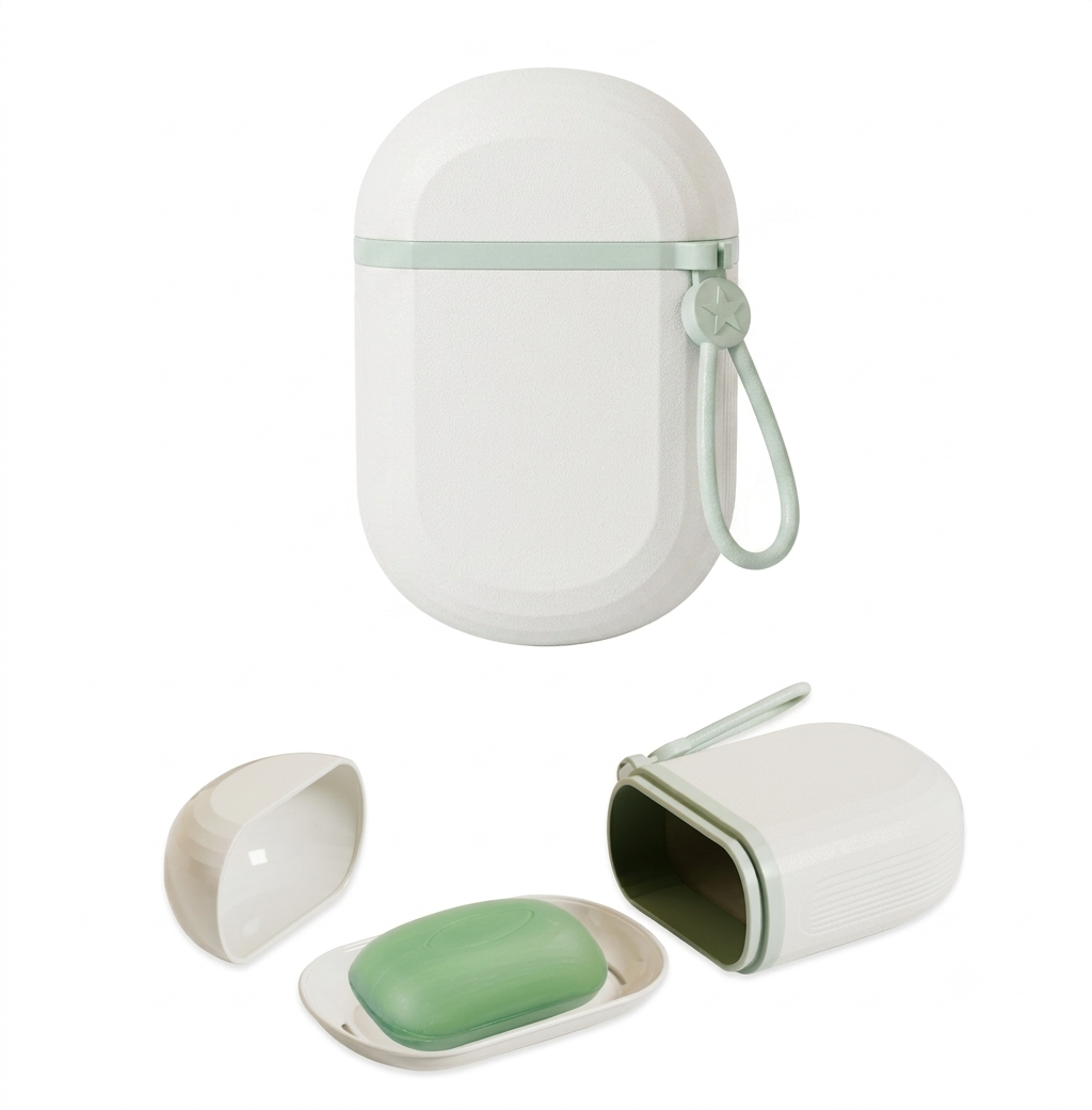 Portable soap case open showing internal tray with a bar of soap inside