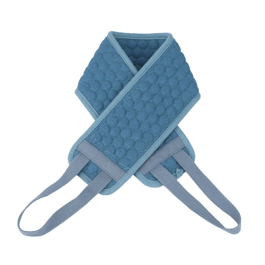 Blue double-sided exfoliating back scrubber strap with handles